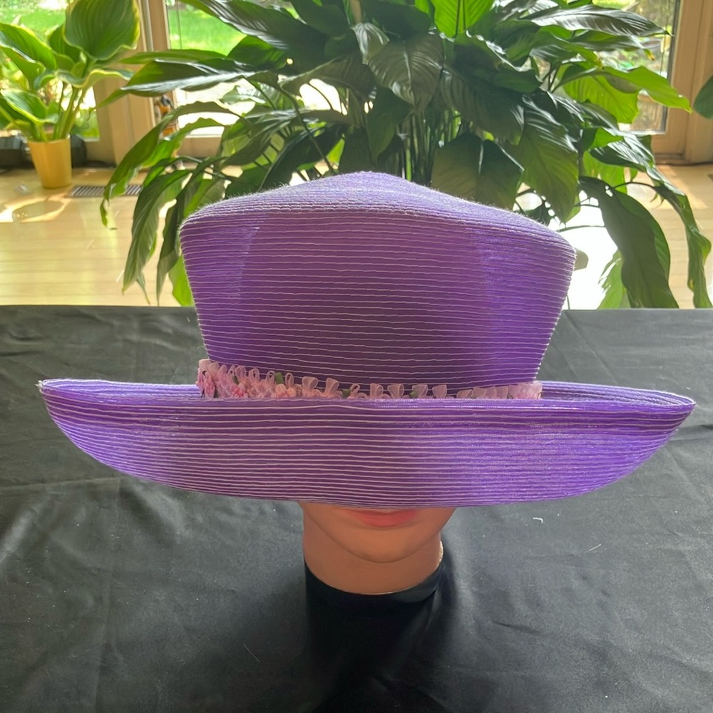 Vibrant Purple Translucent Wide-Brimmed Hat with Pink Floral Ribbed Texture Band